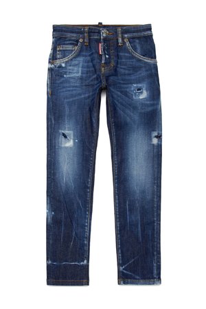 Jeans in denim blu scuro con vestibilità slim, caratterizzati da toppe strutturate, scoloriture e cuciture arancioni a contrasto lungo le cuciture.