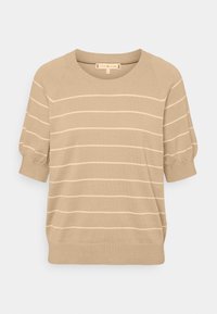 Jersey beige de manga corta con rayas horizontales claras, escote redondo y detalles fruncidos en las mangas. Textura de tejido liso, ajuste informal.