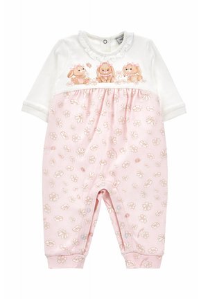 Biały i różowy kombinezon dla niemowląt z długimi rękawami, z kwiatowym wzorem na spodniach oraz trzema ilustracjami króliczków z kokardkami na piersi.