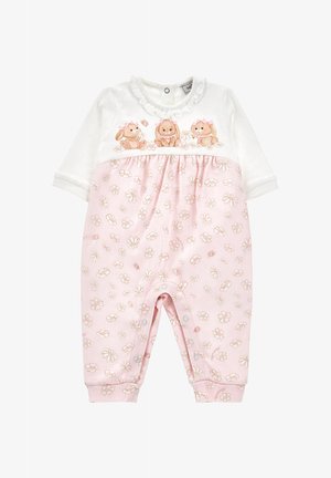 Combinaison pour bébé blanche et rose à manches longues, motif floral sur le pantalon, avec trois illustrations de lapins portant des nœuds sur la poitrine.