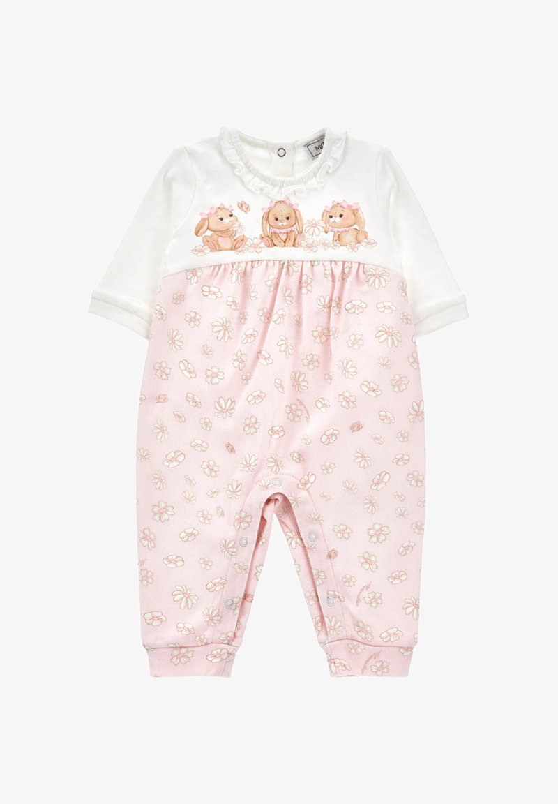 Tutina bianca e rosa per neonati con maniche lunghe, motivo floreale sui pantaloni e tre illustrazioni di coniglietti con fiocchi sul petto.