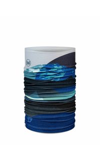 Cuello multifuncional en tejido mezclado, con un degradado de azul, turquesa y marino, adornado con patrones abstractos de olas. Forma circular.