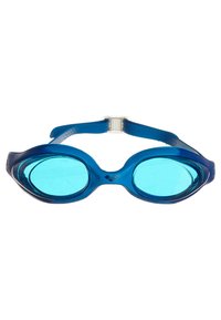 Gafas de natación azules con lentes tintados y correa ajustable, diseñadas para deportes acuáticos y actividades de natación.
