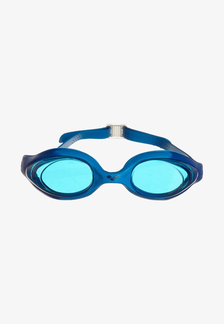Gafas de natación azules con lentes tintados y correa ajustable, diseñadas para deportes acuáticos y actividades de natación.