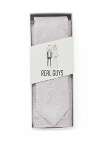 Light purple paisley patterned tie in a box, with a logo featuring simple illustrations of a bearded man and a bride.