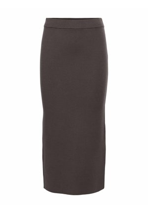 Dunkelbrauner, elastischer Midirock mit glatter Oberfläche und geripptem Bund. Gerader Schnitt, der unter das Knie reicht, ohne Taschen oder Verzierungen.
