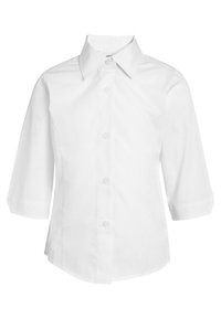 Camicia di cotone bianca con colletto a punta, maniche lunghe arrotolate fino al gomito e chiusura a bottoni sul davanti; texture liscia e senza motivi.