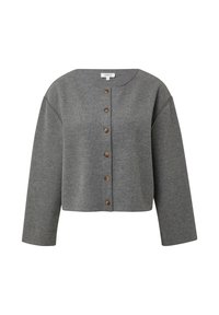 Grau abgeschnittene Strickjacke aus weichem Stoff, mit rundem Ausschnitt, langen Ärmeln und vorderem Holzknopfverschluss.