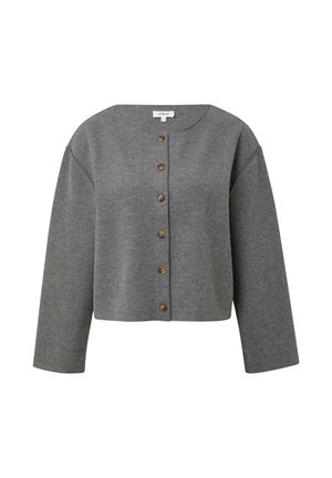 Grijze gekorte cardigan van zachte stof, met een ronde halslijn, lange mouwen en een sluiting met houten knopen aan de voorkant.