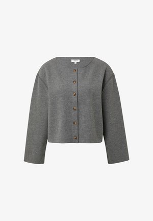 Gray cropped cardigan made from soft fabric, featuring a round neckline, long sleeves, and front wooden button closure.