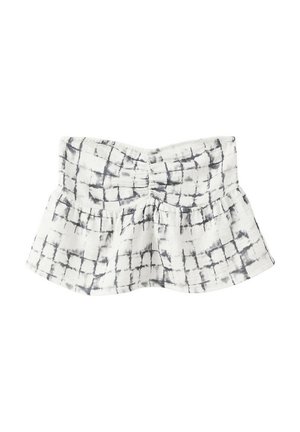 Crop top bustier froncé à motif tie-dye blanc et gris avec un ourlet péplum évasé.