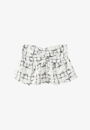 Bielo-sivý top bez ramienok s batikovaným vzorom, nariasený so zvonovým peplum lemom.