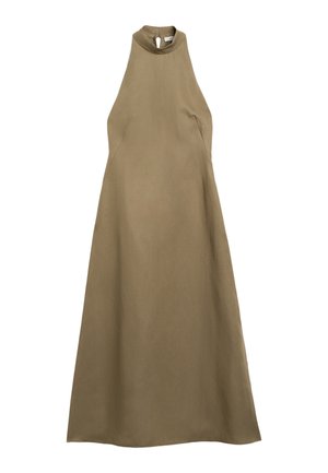 Khaki halterneck kjole lavet af letvægtsstof; har en høj halsudskæring, nøglehulssnit ved kraven og A-formet silhuet.