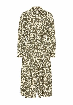 Sukienka koszulowa z długim rękawem w oliwkowej zieleni i kremowym, z nadrukiem w zebry, zapinana na guziki, z kołnierzykiem oraz regulowanym paskiem w talii dla lepszego dopasowania.