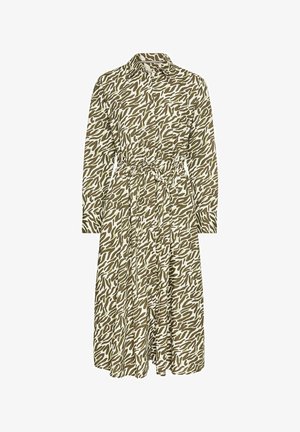 Sukienka koszulowa z długim rękawem w oliwkowej zieleni i kremowym, z nadrukiem w zebry, zapinana na guziki, z kołnierzykiem oraz regulowanym paskiem w talii dla lepszego dopasowania.