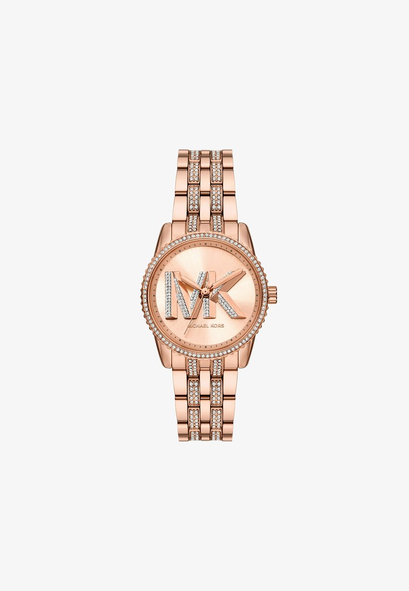 Reloj de metal color oro rosa con una caja redonda, esfera texturizada, gran logo de MK y acentos de cristal en el bisel y los eslabones de la pulsera.