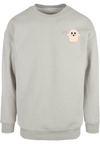 Light gray sweatshirt with a crew neck, featuring a pink ghost design and the word "Boo!" embroidered on the left chest. Cotton material.