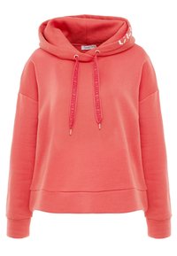 Koraalroze hoodie met een ontspannen pasvorm, trekkoorden met het "CLOSED"-logo en geribbelde manchetten. Gemaakt van zacht stof met een gladde textuur.