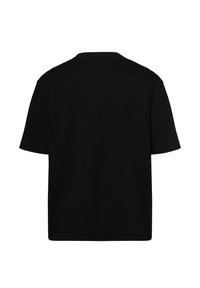 T-shirt nera a maniche corte con collo rotondo classico e vestibilità rilassata. Realizzata in cotone, presenta una texture liscia e nessun motivo visibile.