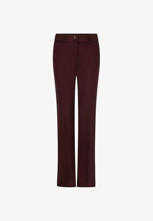 Donkerbruine rechte broek met ceintuurlussen, knoop- en ritssluiting aan de voorkant en een subtiele vouw langs elke pijp.