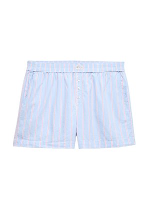 Jasnoniebieskie bawełniane szorty z pionowymi różowo-białymi paskami, elastycznym pasem, rozpięciem na guziki i kieszeniami po bokach.