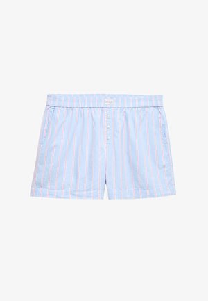 Pantalones cortos de algodón azul claro con rayas verticales rosas y blancas, cintura elástica, cierre de botones y bolsillos laterales.