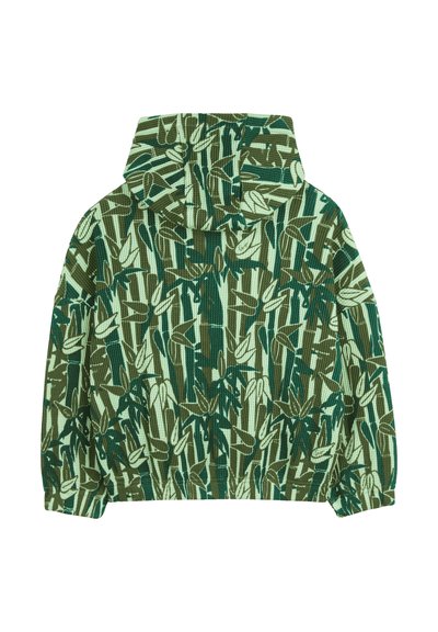 Veste à capuche avec un motif de feuilles vertes et vert clair texturé, en tissu côtelé, avec un ourlet et des poignets élastiqués.