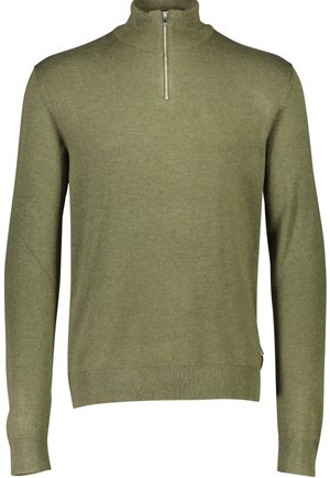 Olive green pullover sweatshirt with a high collar and quarter zip, made from a soft knitted fabric, featuring ribbed cuffs and hem.