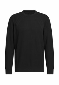 Black sweater with ribbed crew neckline, long sleeves, and textured fabric. Features raglan seams and fitted cuffs.