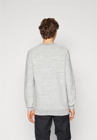Sweatshirt gris clair avec un tricot texturé, des poignets côtelés et un col rond. Le dos présente une finition lisse et une coupe décontractée.
