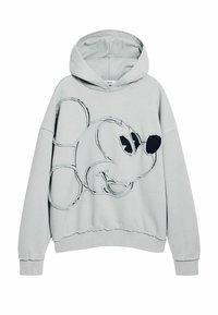 Sudadera gris claro con un gran diseño de Mickey Mouse contorneado en negro, que cuenta con capucha, corte holgado y detalles de borde desflecado en los dobladillos.