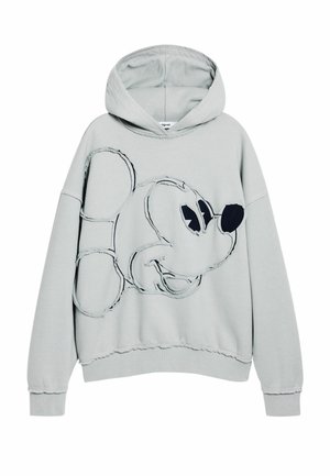 Světlé šedé mikina s velkým designem Mickey Mouse s černým obrysem, obsahující kapuci, volný střih a neopracované detaily na lemech.