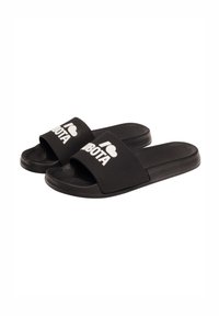 Czarne klapki z teksturowaną wkładką i szerokim paskiem z napisem "I ♥ RABOTA" w kolorze białym. Wykonane z materiału syntetycznego.