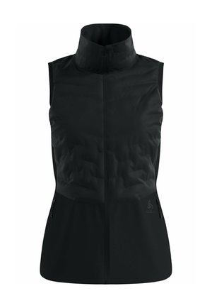 Schwarze ärmellose Weste mit Stehkragen, Reißverschluss, gepolstertem Vorderteil und zwei seitlichen Reißverschlusstaschen. Glatte Textur und körperbetonter Schnitt.