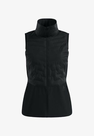 Schwarze ärmellose Weste mit Stehkragen, Reißverschluss, gepolstertem Vorderteil und zwei seitlichen Reißverschlusstaschen. Glatte Textur und körperbetonter Schnitt.