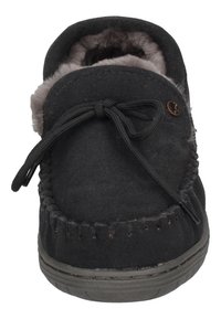 Black suede moccasin slipper with a rounded toe, fur lining, and rubber sole. Features a bow detail and stitched trim along the upper.