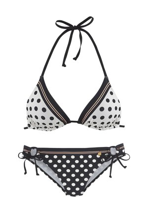 Schwarz-weiß gepunkteter Bikini mit Dreieckstop und seitlich gebundenen Höschen, die kontrastierende Muster und dünne Besatzdetails aufweisen.