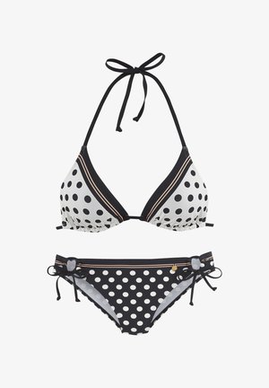Black and white polka dot bikini with triangle top and side-tied bottoms featuring contrasting patterns and thin trim details.