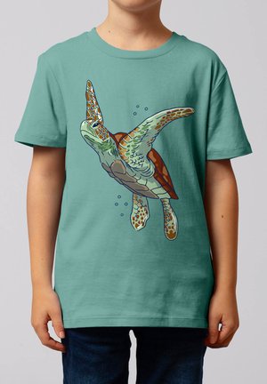 watapparel, SCHILDKRÖTE WATERCOLOR UNISEX - T-shirt print - teal monstera