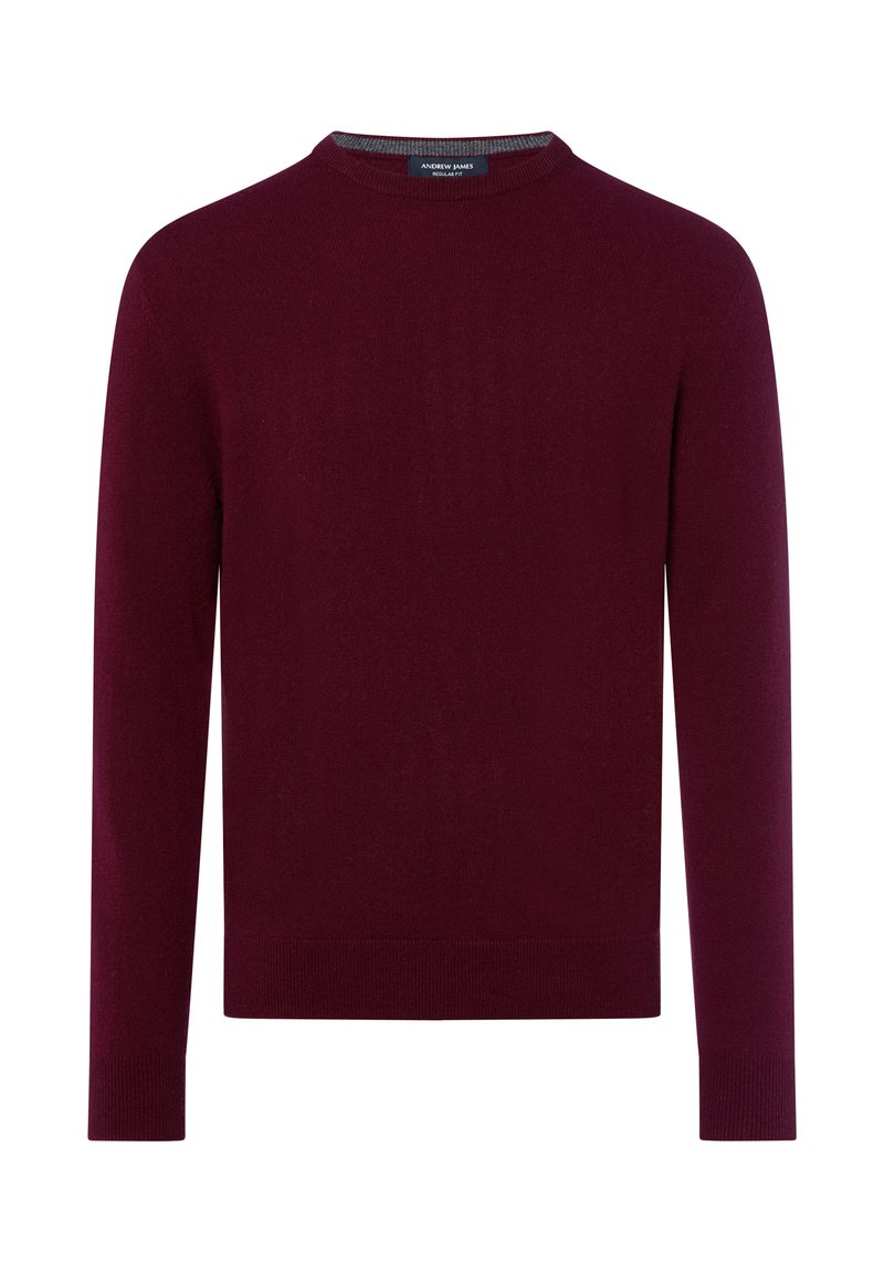 Burgunderfarbener Rundhalsausschnitt-Pullover aus weichem Material, mit langen Ärmeln und geripptem Saum. Dezenter grauer Akzent am Kragen.