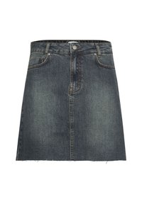 Jeanskjol i mörkblått med rak skärning, fransad nederkant, bälteshällor och framfickor, samt kontrasterande stickningar.