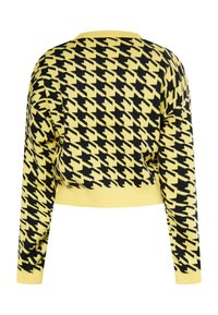 Žltý a čierny krátky sveter s vzorom psa zubatého, pletená tkanina, dlhé rukávy, rebrované manžety a spodný lem.