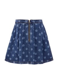 Gonna di denim con design a pieghe, dotata di un motivo a pois blu chiaro, chiusura con zip frontale e lavaggio blu scuro.