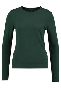 Grön långärmad tröja med rund halsringning, tillverkad av ett slätt stickat material; har ribbade ärmslut och nederkant för en tät passform.