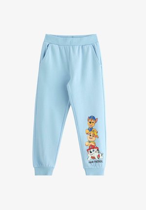 Jasnoniebieskie spodnie dresowe z mieszanki bawełny, z elastycznym paskiem i ściągaczami. Na boku posiadają kolorowe postacie z serii Paw Patrol.