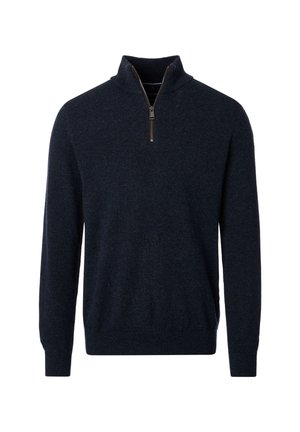 Dunkelblauer Pullover mit mittelhohem Reißverschlusskragen, langen Ärmeln sowie gerippten Bündchen und Saum. Hergestellt aus einem strukturierten Strickstoff mit weicher Haptik.