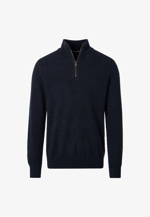 Dunkelblauer Pullover mit mittelhohem Reißverschlusskragen, langen Ärmeln sowie gerippten Bündchen und Saum. Hergestellt aus einem strukturierten Strickstoff mit weicher Haptik.