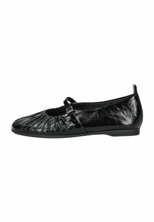 Black leather ballet flats with gathered detailing at the toe, a strap across the instep, and a flat sole. Smooth finish with a shiny texture.