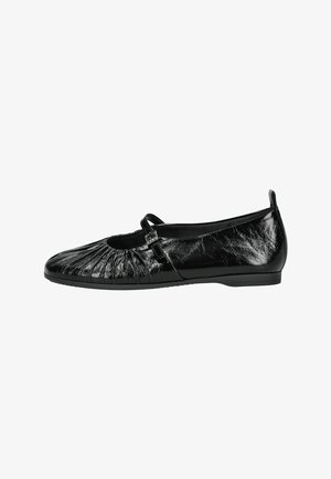 Ballerines en cuir noir avec des détails froncés à l'orteil, une bride sur le coup de pied et une semelle plate. Fini lisse avec une texture brillante.