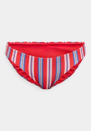 Sarkanas bikini apakšdaļa ar horizontālām svītrām rozā, zilā un baltā toņos. Izgatavota no gludas, elastīgas auduma ar piegulošu dizainu.